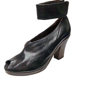 Coclico 24765 Black Leather Peep Toe Ankle Wrap‎ Heels